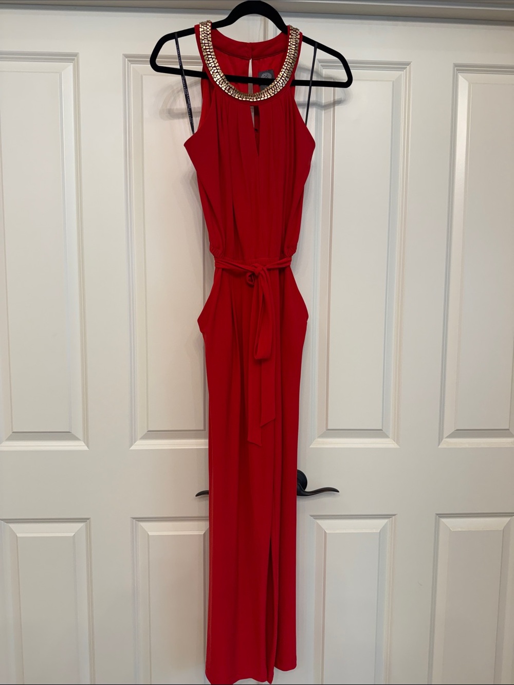 Red Beaded Halter Jumpsuit- Elegant Evening Wear